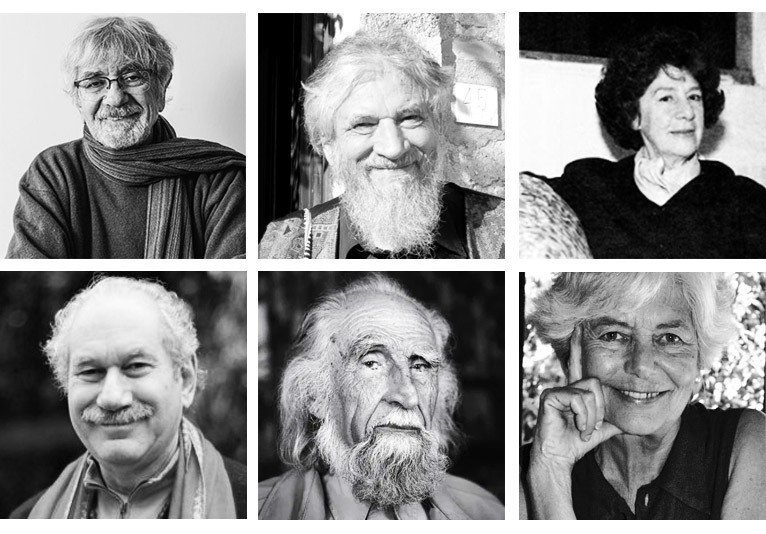 De arriba abajo y de izq. a der.: Humberto Maturana, Claudio Naranjo, Carmen Orrego, Pedro Engel, Gaston Soublette y Delia Vergara